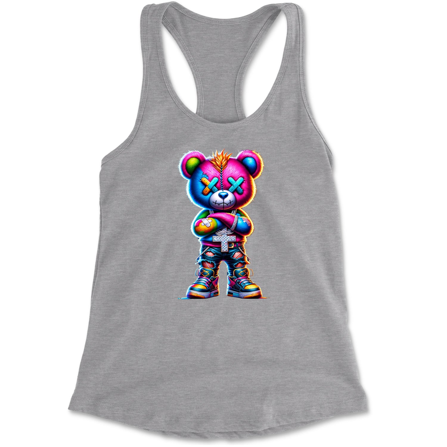 Stitched Neon Urban Graffiti Bear Racerback Tank Top for Women Black