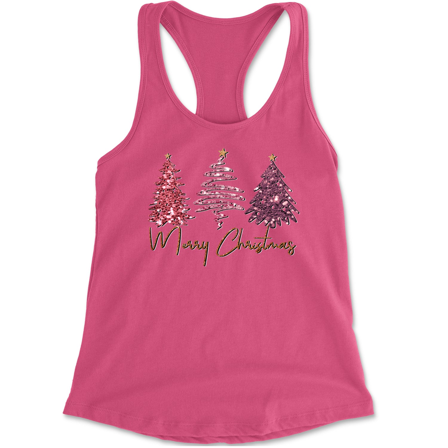 Merry Christmas Faux Glitter Trees Racerback Tank Top for Women Hot Pink