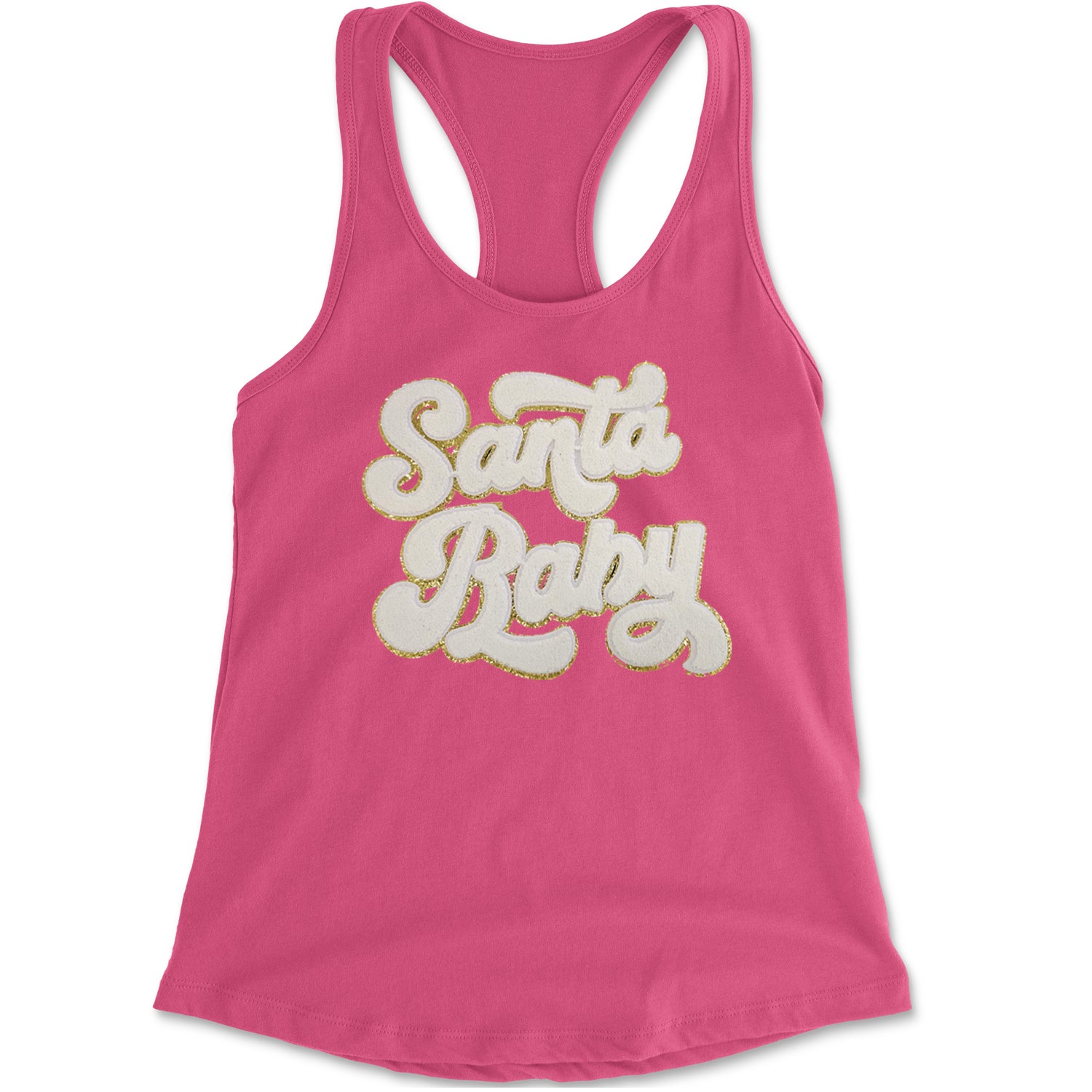 White Santa Baby Chenille Patch Racerback Tank Top for Women Hot Pink