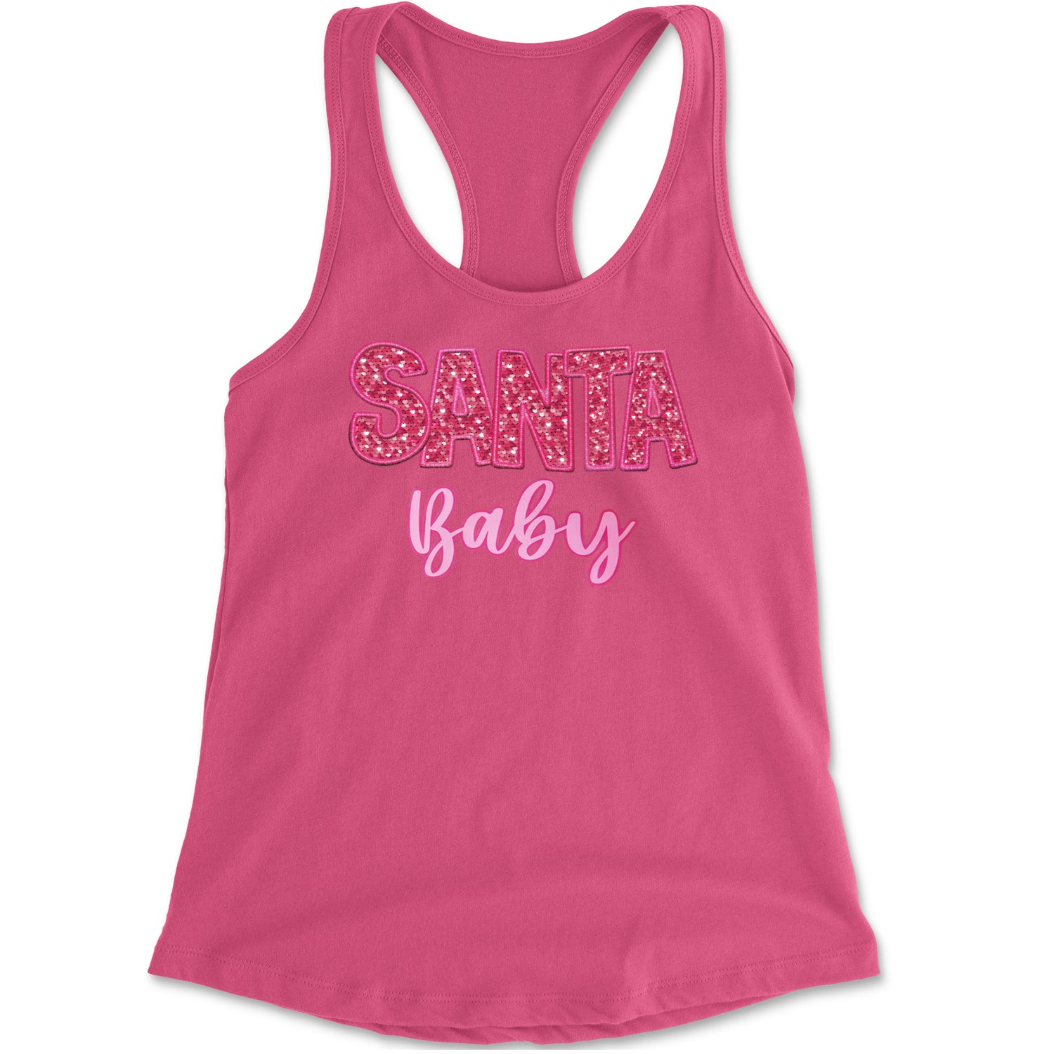 Santa Baby Faux Patch and Sequins Racerback Tank Top for Women Hot Pink