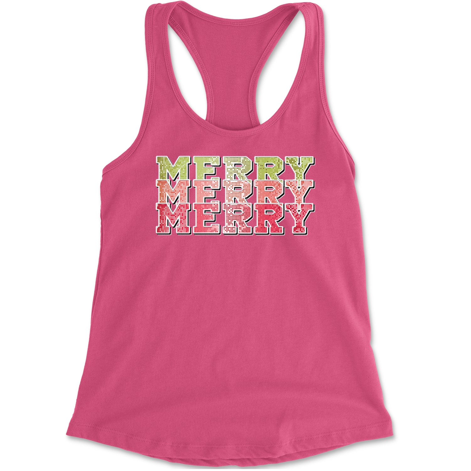 Merry Merry Merry Faux Sequins Racerback Tank Top for Women Hot Pink