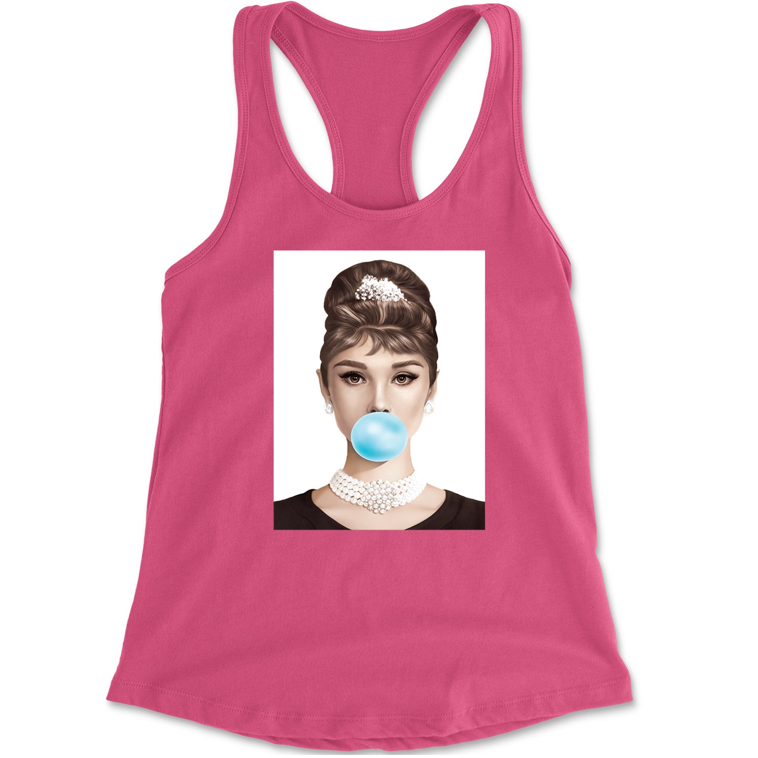 Audrey Hepburn Chewing Bubble Gum American Icon Racerback Tank Top for Women Hot Pink