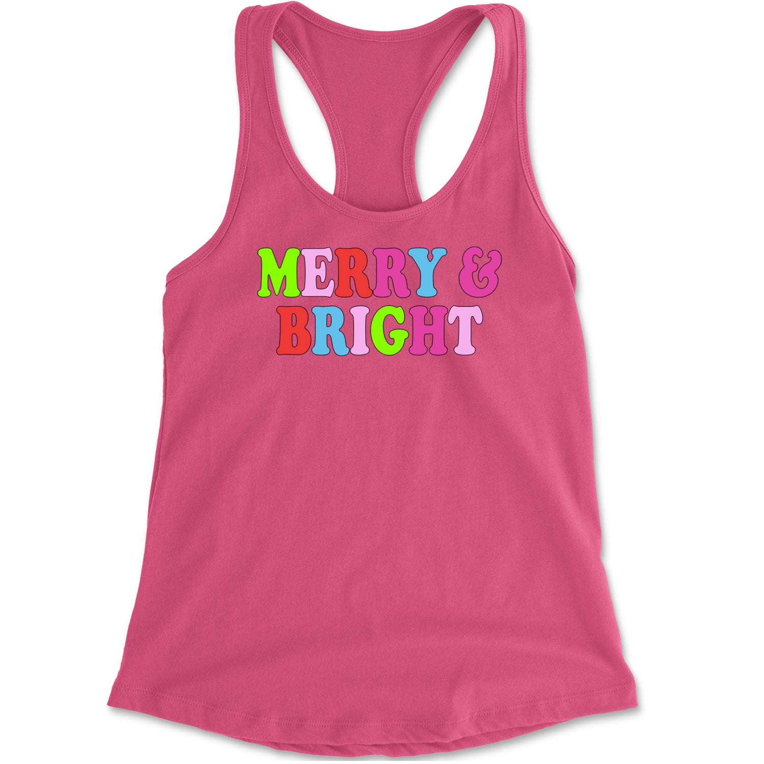 Merry and Bright Festive Christmas Holiday Racerback Tank Top for Women Hot Pink