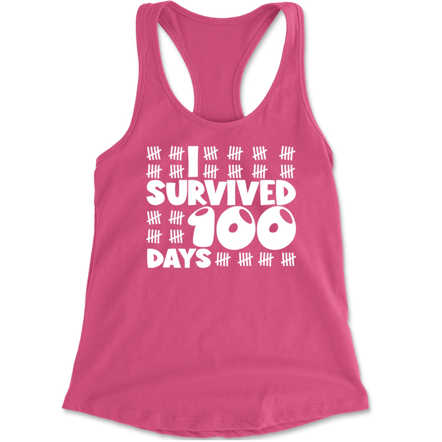 I Survived 100 Days Tally Marks Racerback Tank Top for Women Hot Pink