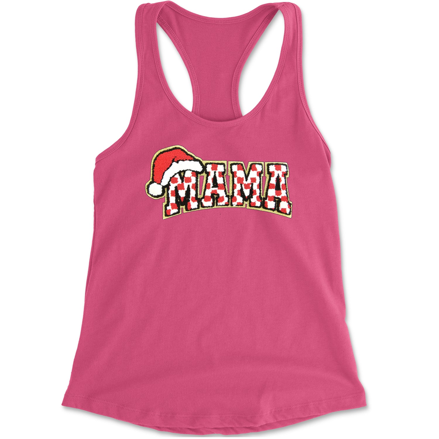 Mama Santa Hat Chenille Patch Racerback Tank Top for Women Hot Pink