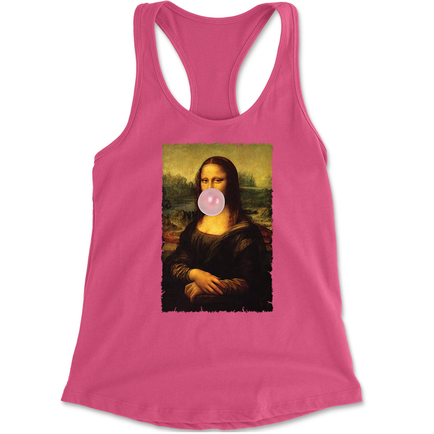 Mona Lisa Smile Pink Bubble Gum Da Vinci Icon Racerback Tank Top for Women Hot Pink