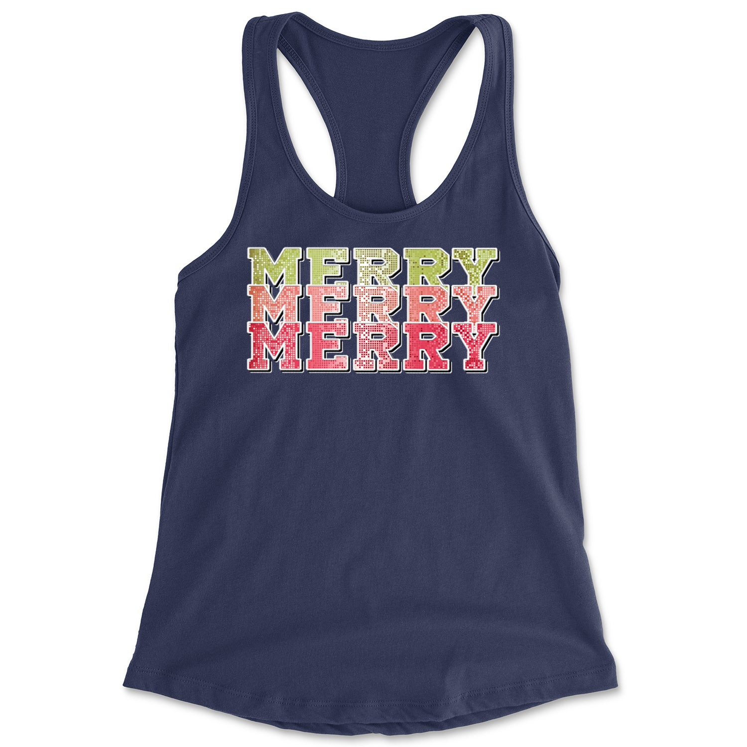 Merry Merry Merry Faux Sequins Racerback Tank Top for Women Navy Blue