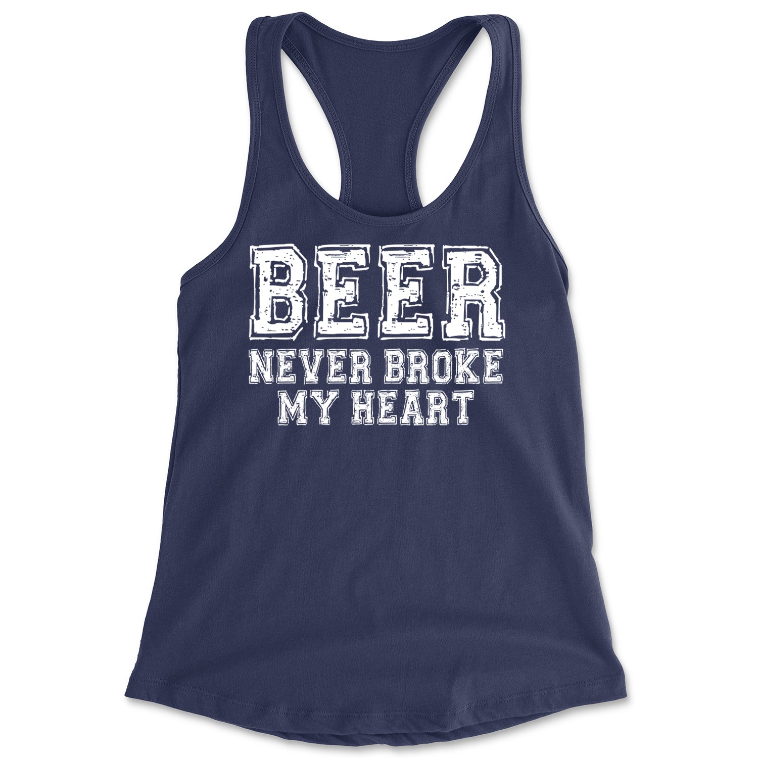 Beer Never Broke My Heart Funny Drinking Racerback Tank Top for Women Navy Blue