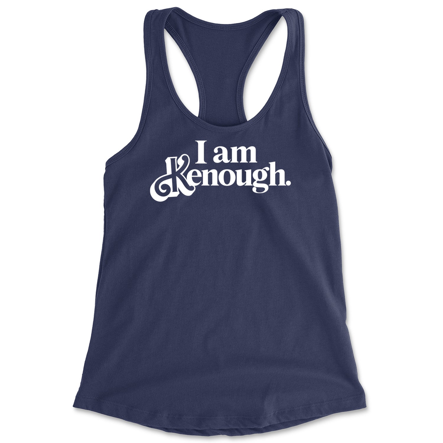 I Am Kenough White Print Racerback Tank Top for Women Navy Blue