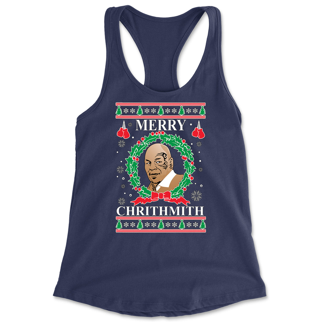 Merry Chrithmith Ugly Christmas Racerback Tank Top for Women Navy Blue