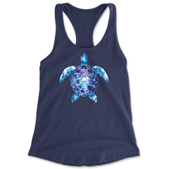 Blue and purple tie-dye sea turtle silhouette with speckled highlights on a women's lightweight racerback tank top