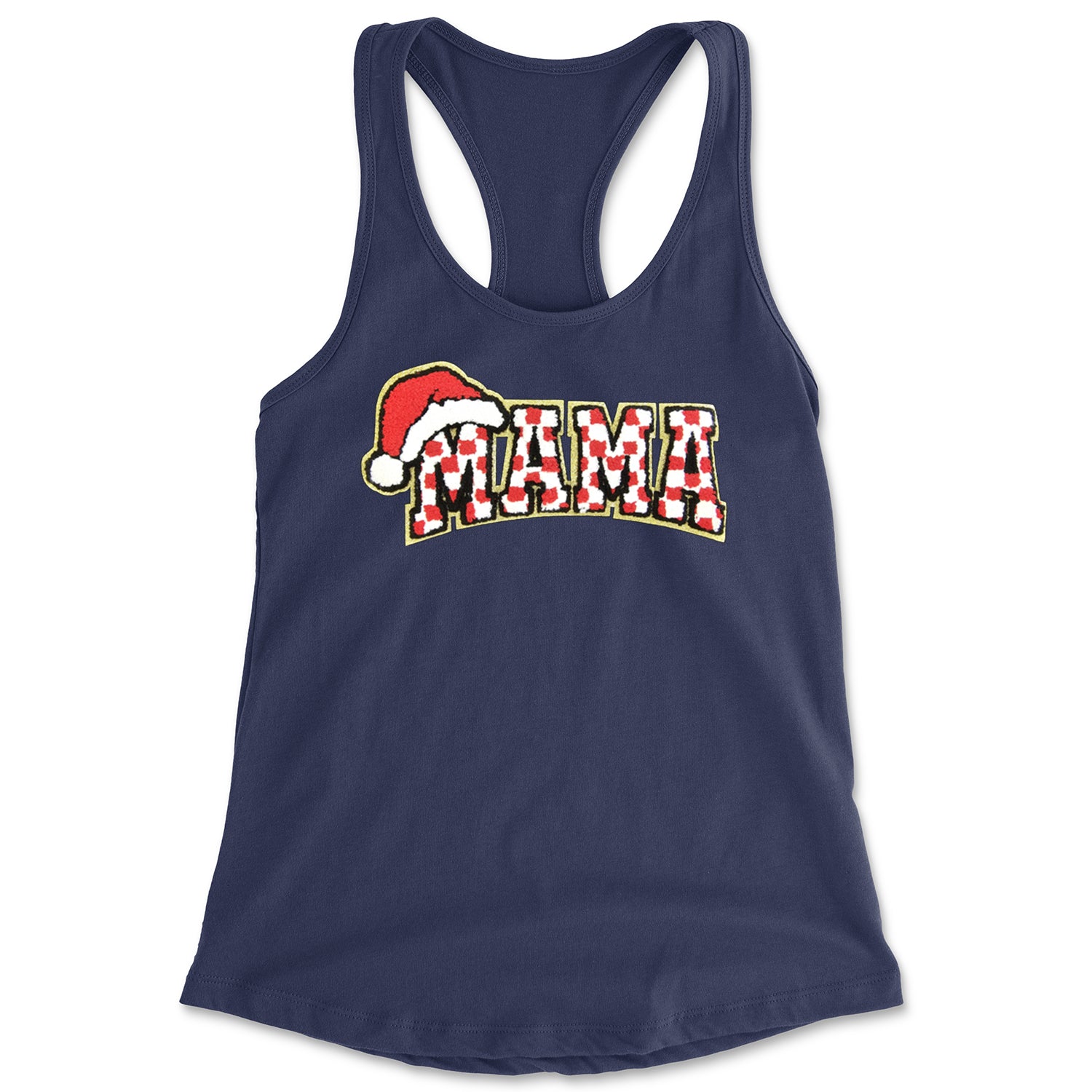 Mama Santa Hat Chenille Patch Racerback Tank Top for Women Navy Blue