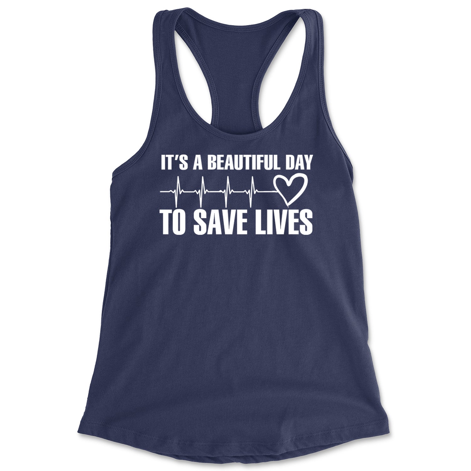 It's A Beautiful Day To Save Lives Nurse Doctor EKG Racerback Tank Top for Women Navy Blue