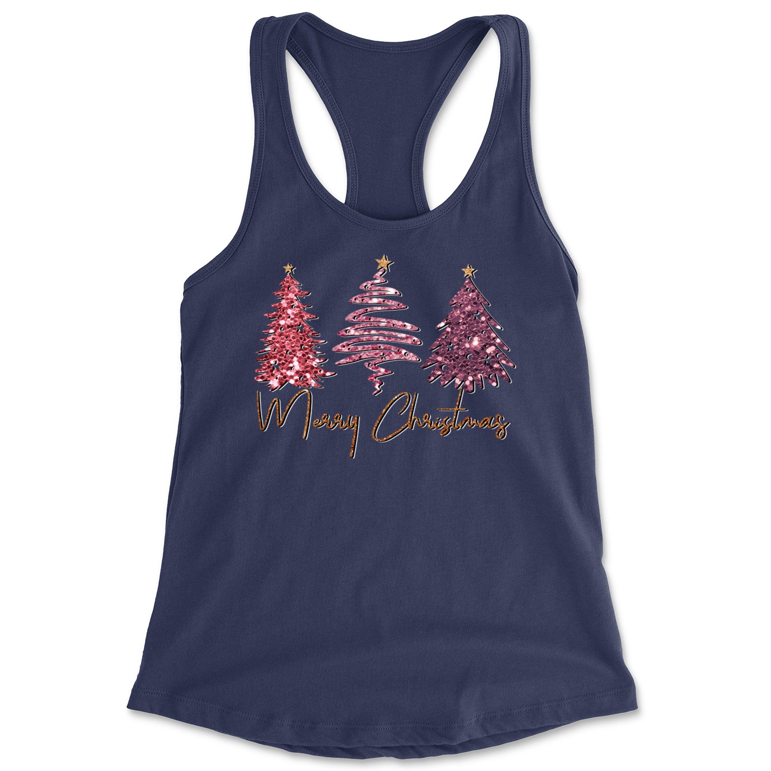 Merry Christmas Faux Glitter Trees Racerback Tank Top for Women Navy Blue