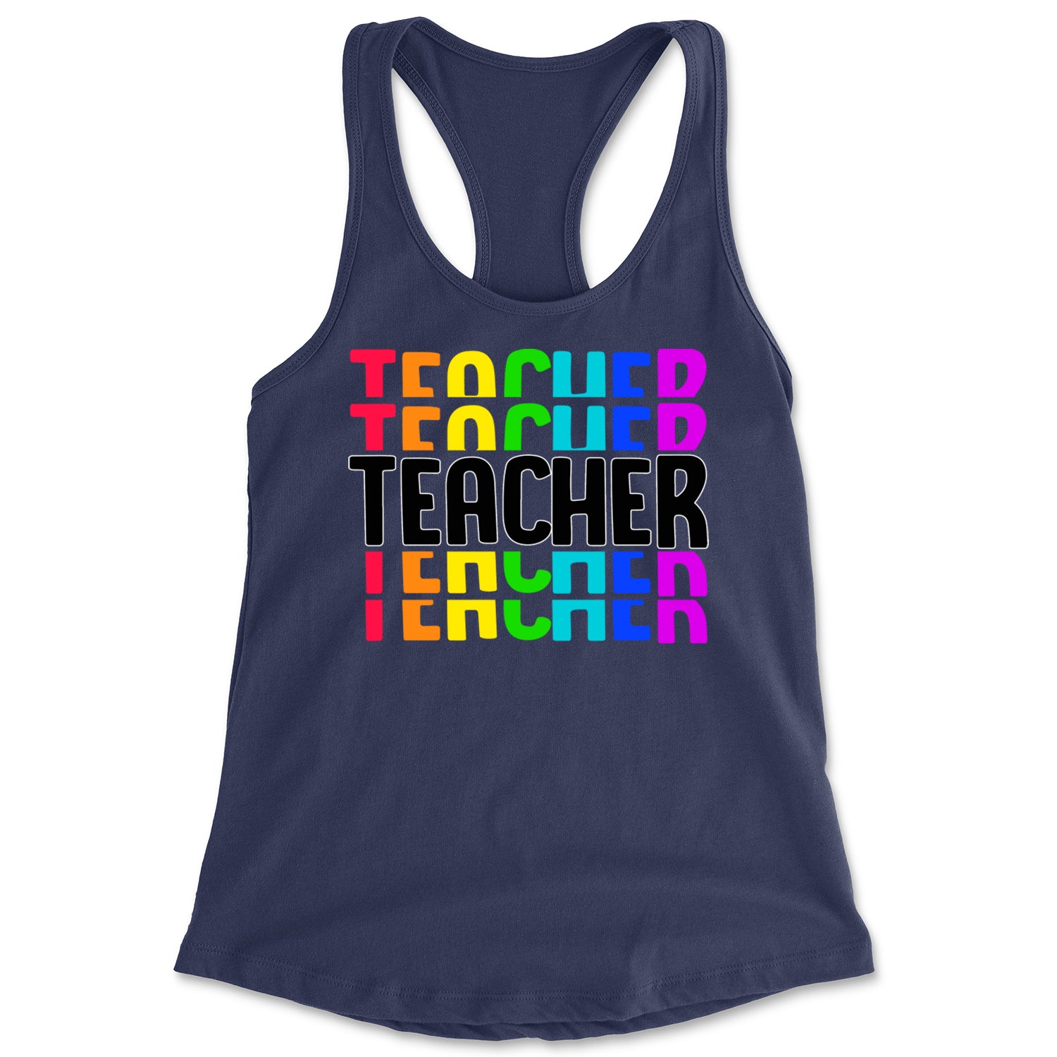 Teacher Repeated Rainbow Pattern Racerback Tank Top for Women Navy Blue