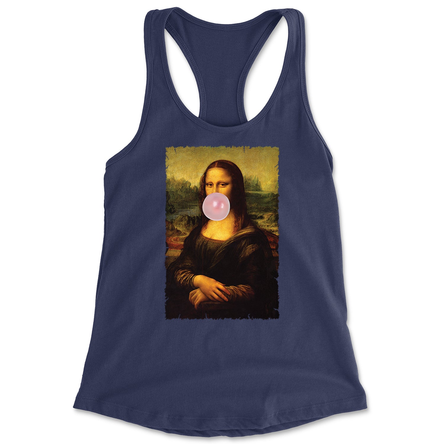 Mona Lisa Smile Pink Bubble Gum Da Vinci Icon Racerback Tank Top for Women Navy Blue