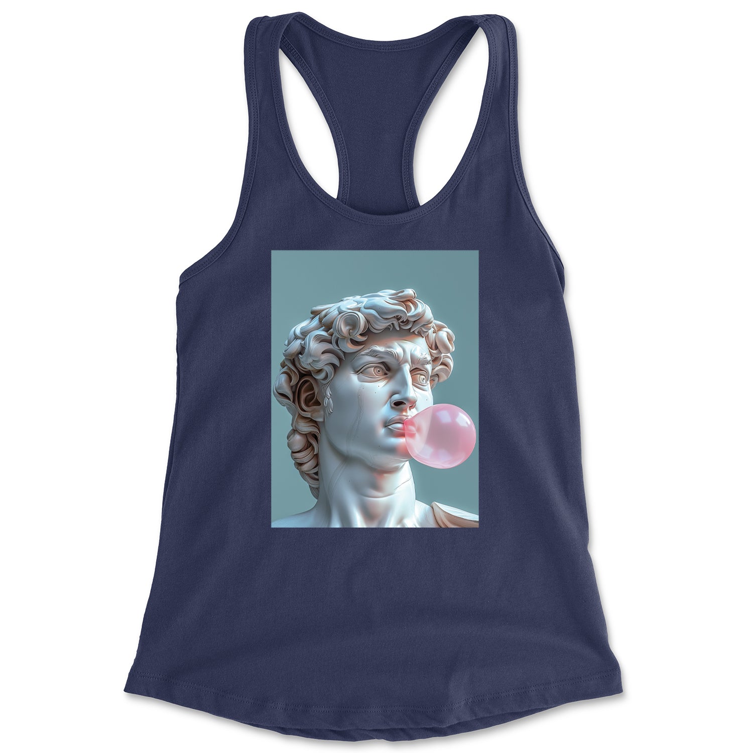 Michelangelo's David with Bubble Gum Contemporary Statue Art Racerback Tank Top for Women Navy Blue