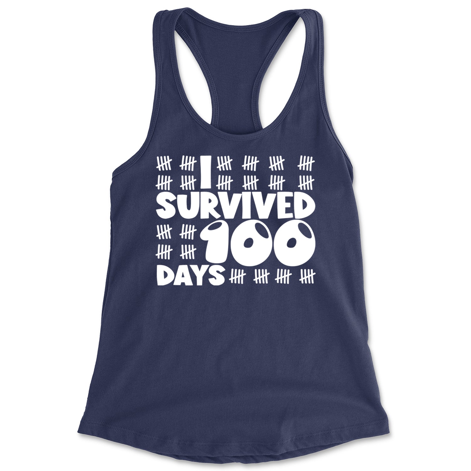 I Survived 100 Days Tally Marks Racerback Tank Top for Women Navy Blue