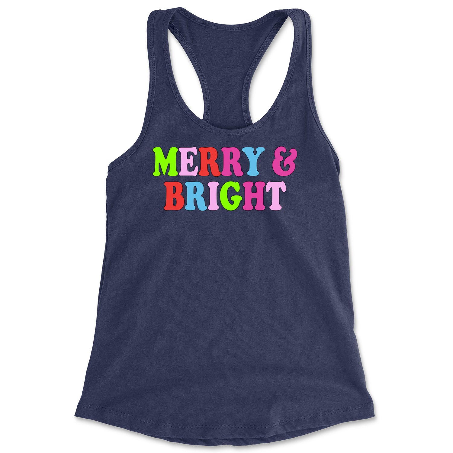 Merry and Bright Festive Christmas Holiday Racerback Tank Top for Women Navy Blue