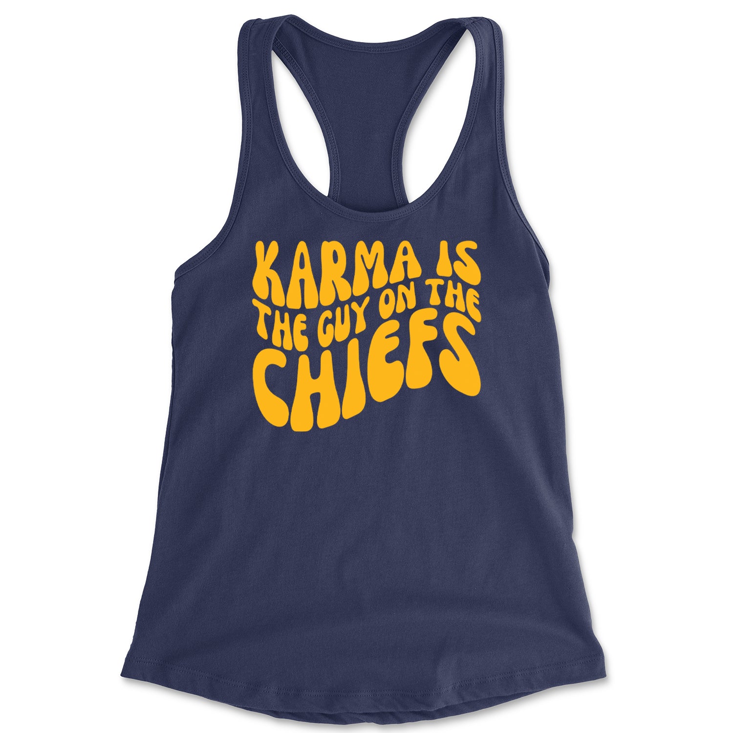 Karma Is The Guy On The Chiefs Boyfriend Racerback Tank Top for Women Navy Blue