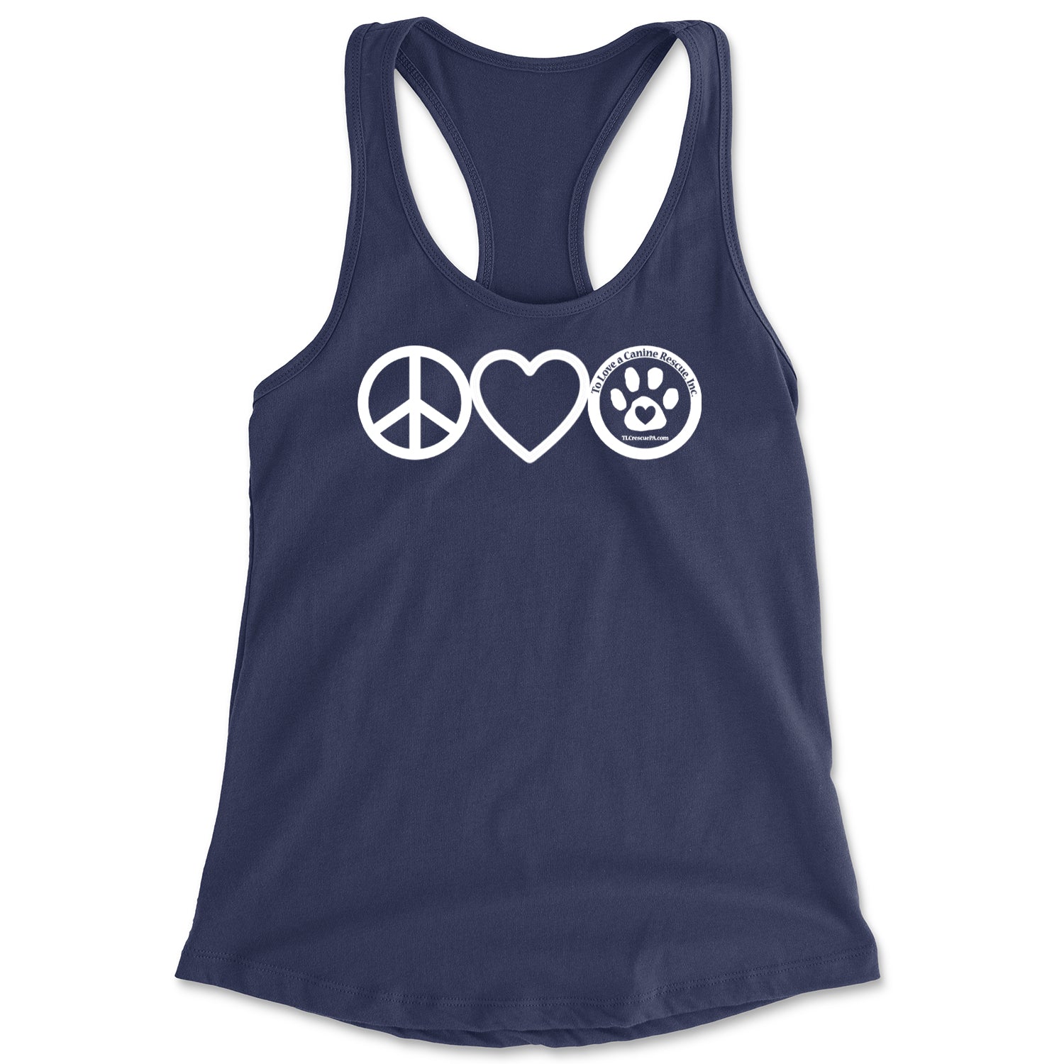 Peace, Love and TLC Dog Rescue Racerback Tank Top for Women Navy Blue