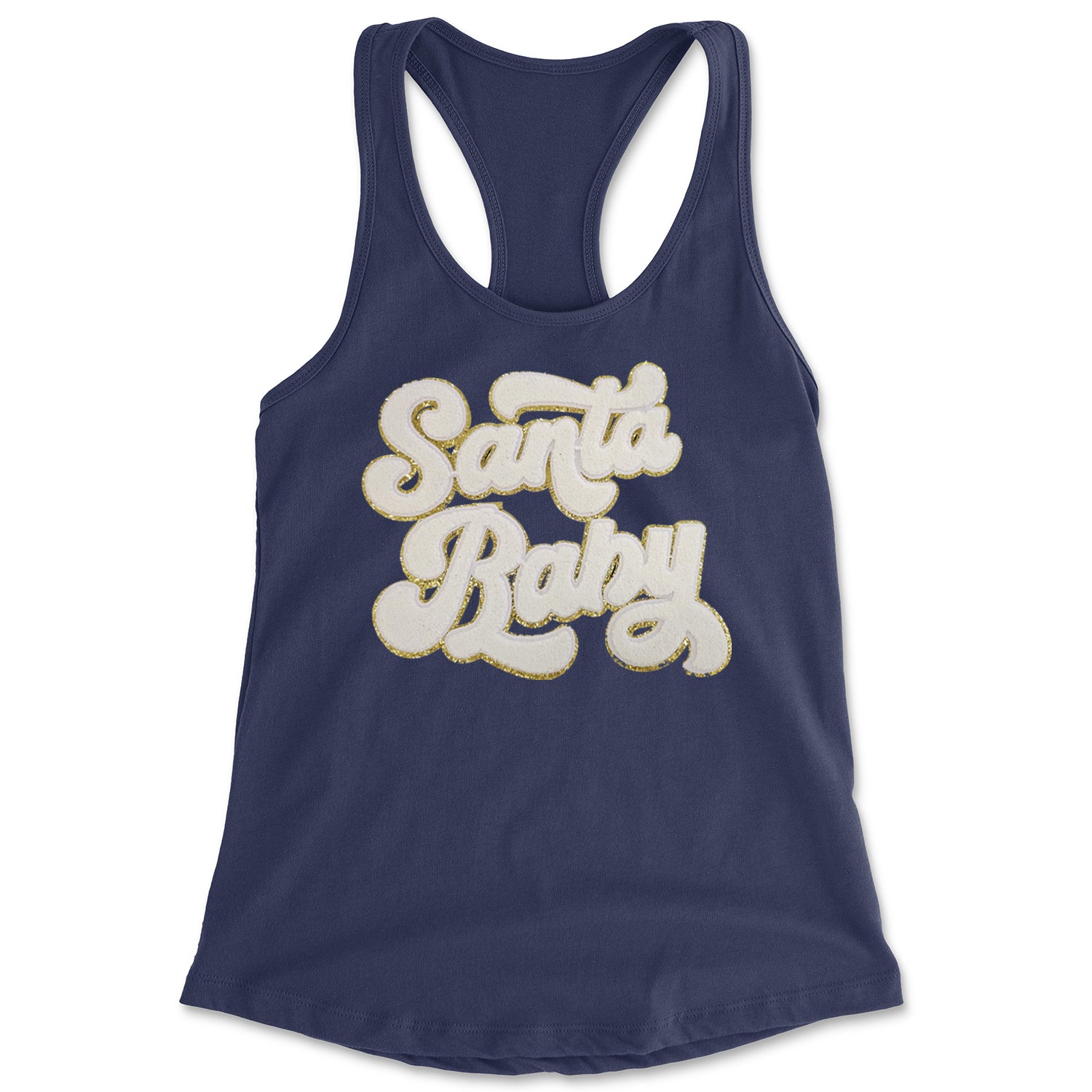 White Santa Baby Chenille Patch Racerback Tank Top for Women Navy Blue