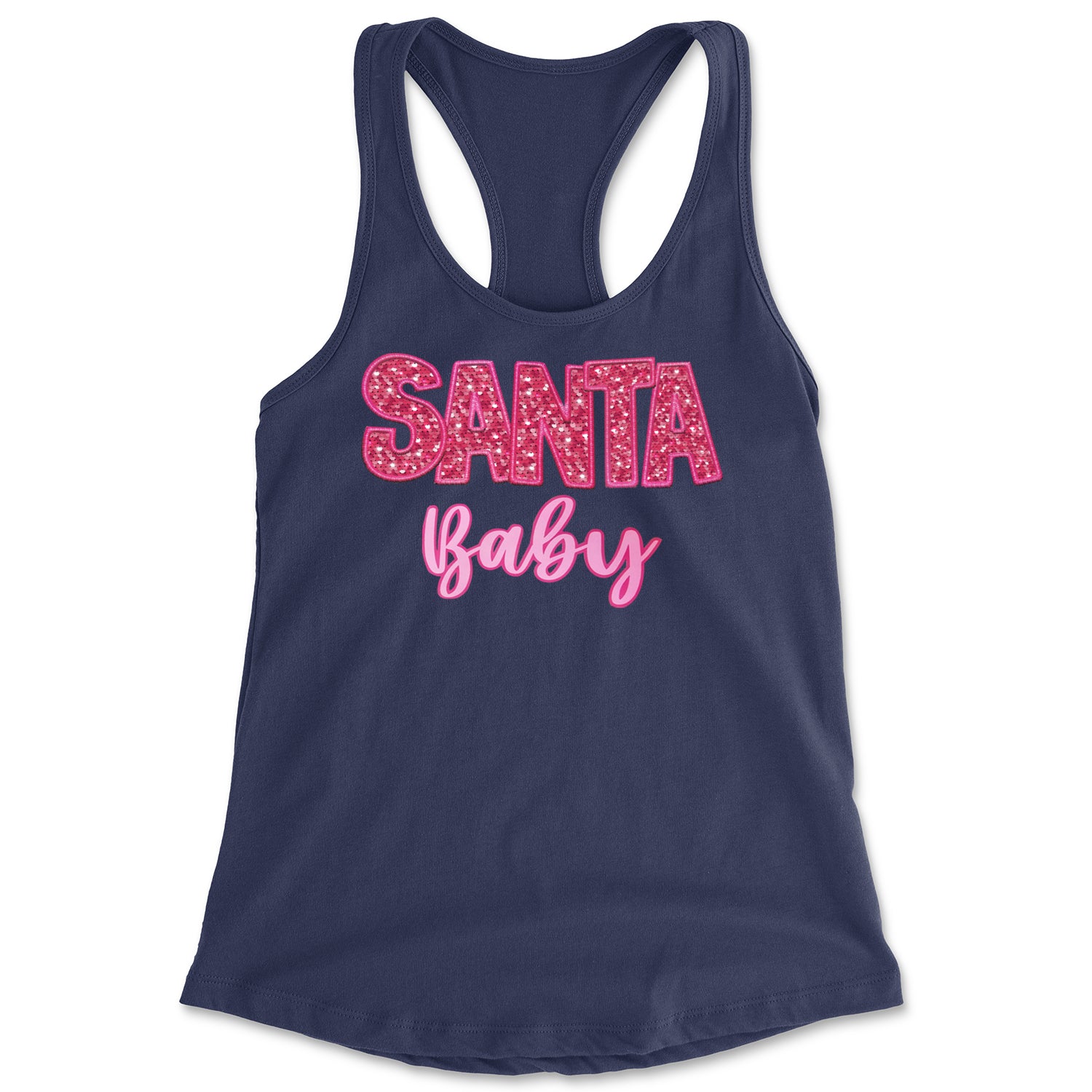 Santa Baby Faux Patch and Sequins Racerback Tank Top for Women Navy Blue