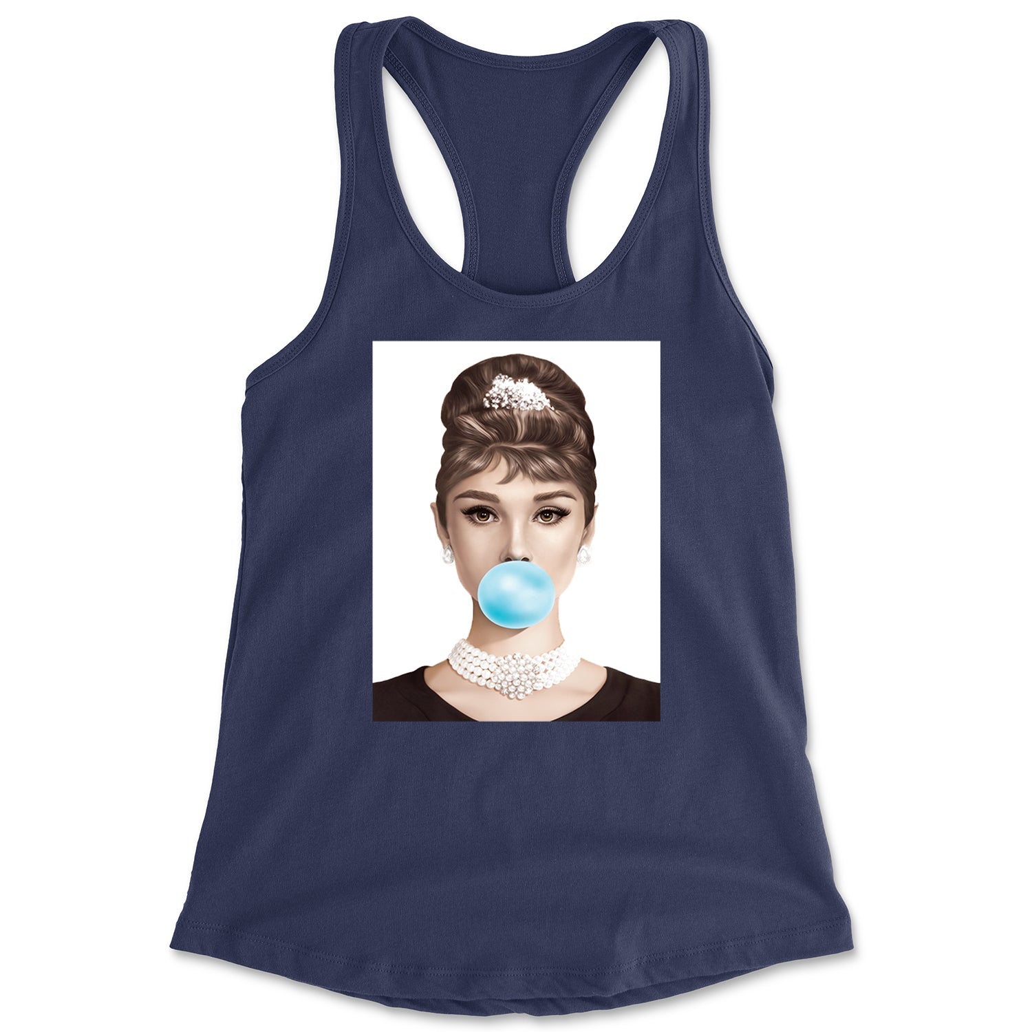 Audrey Hepburn Chewing Bubble Gum American Icon Racerback Tank Top for Women Navy Blue