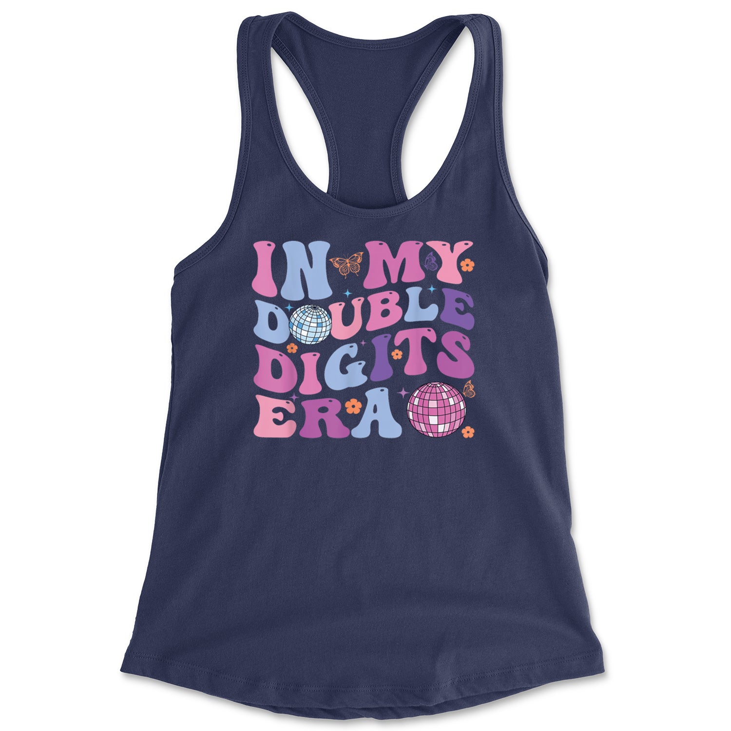 In My Double Digits Era Retro 10 Year Old 10th Birthday Racerback Tank Top for Women Navy Blue