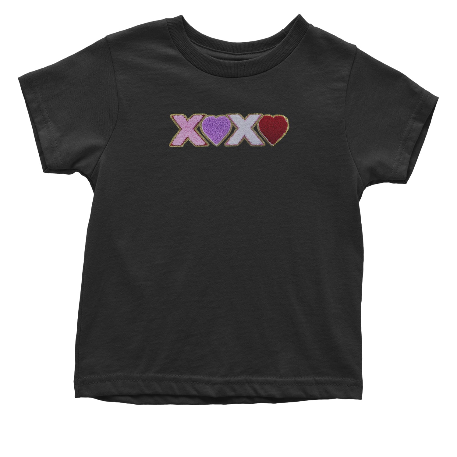 XOXO Chenille Patch Valentines Days Infant One-Piece Romper Bodysuit and Toddler T-shirt Black