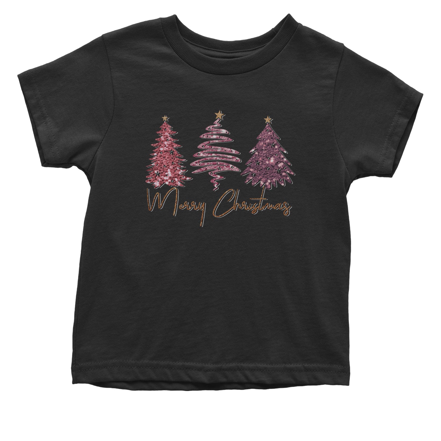 Merry Christmas Faux Glitter Trees Infant One-Piece Romper Bodysuit and Toddler T-shirt Black