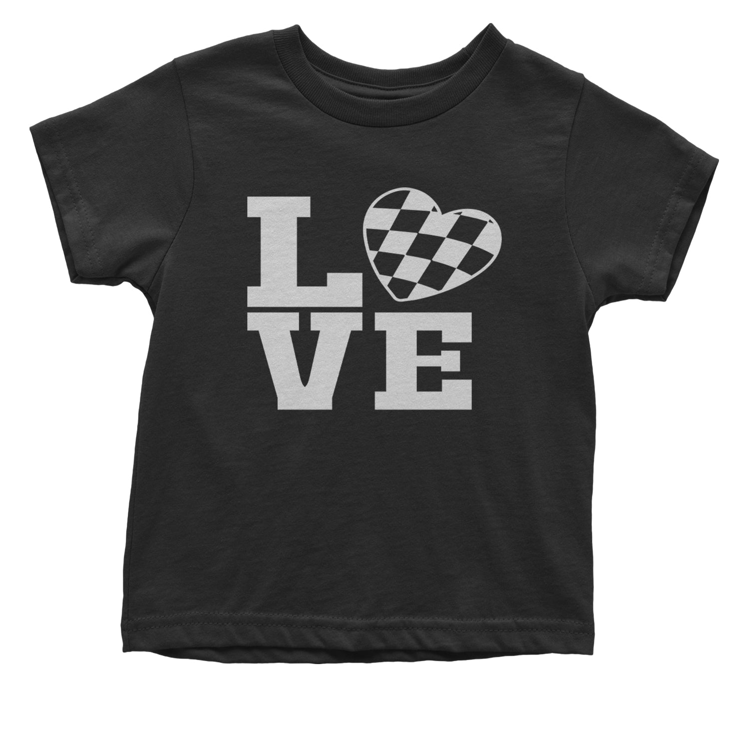 Love Racing Checkered Flag Heart Infant One-Piece Romper Bodysuit and Toddler T-shirt Black