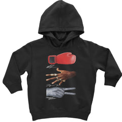 Iconic symbols graphic with boxing glove, championship ring hand, and sequined glove on Toddler Pullover Fleece Hoodie and Infant Fleece One-Piece