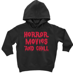 Dripping horror-style "Horror Movies and Chill" typography on toddler pullover fleece hoodie and infant fleece one-piece
