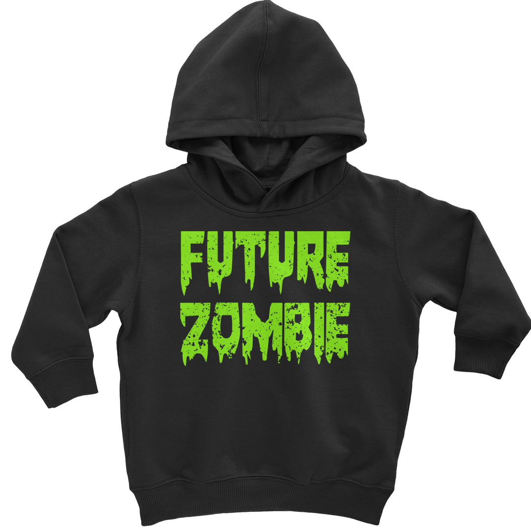 Neon green dripping "FUTURE ZOMBIE" wordmark on a toddler pullover fleece hoodie and an infant footless fleece one-piece
