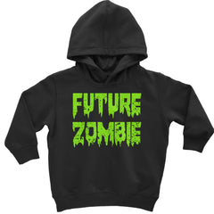 Neon green dripping "FUTURE ZOMBIE" wordmark on a toddler pullover fleece hoodie and an infant footless fleece one-piece