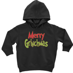 "Merry Grinchmas" text design on toddler pullover fleece hoodie and infant fleece one-piece romper