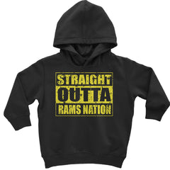 Distressed block-letter football pride graphic on a toddler pullover fleece hoodie and an infant footless fleece one-piece