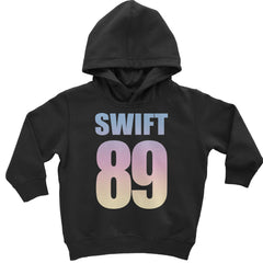 Swift 89 bold block lettering over a pastel cloud sky on a toddler fleece hoodie and infant footless fleece one-piece