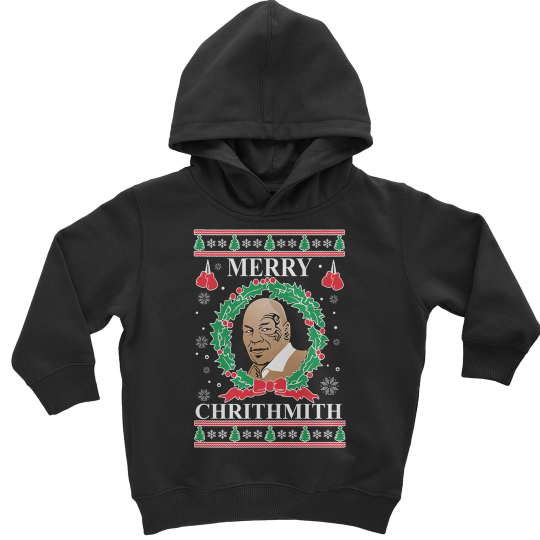 Merry Chrithmith Ugly Christmas graphic on Toddler Hoodie and Baby Fleece Onesie in Black