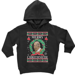 Merry Chrithmith Ugly Christmas graphic on Toddler Hoodie and Baby Fleece Onesie in Black
