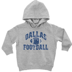 Dallas distressed football graphic printed on a toddler pullover fleece hoodie and an infant footless fleece one-piece romper
