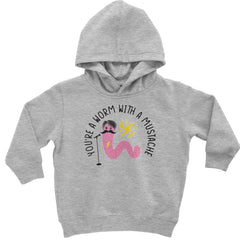 Mustached pink worm with lightning bolts and wrapped phrase on a Toddler Pullover Fleece Hoodie and Infant Fleece One-Piece