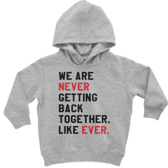 Stacked black and red breakup typography printed on a toddler pullover fleece hoodie and infant footless fleece one-piece