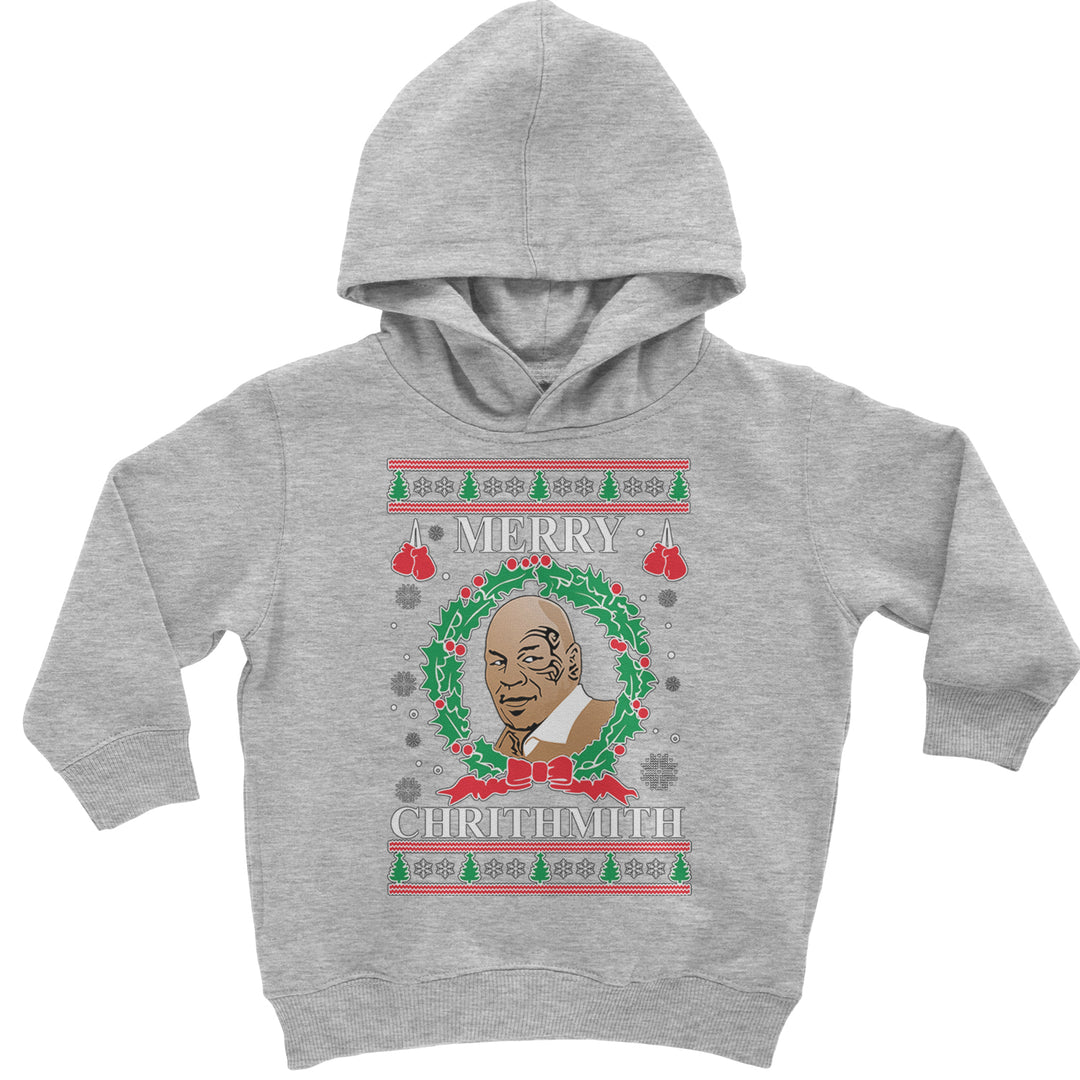 Merry Chrithmith Ugly Christmas graphic on Toddler Hoodie and Baby Fleece Onesie in Heather Grey