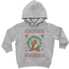 Merry Chrithmith Ugly Christmas graphic on Toddler Hoodie and Baby Fleece Onesie in Heather Grey