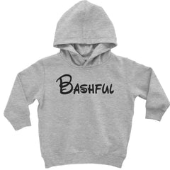Bashful text graphic on a toddler pullover fleece hoodie or an infant footless fleece one-piece romper