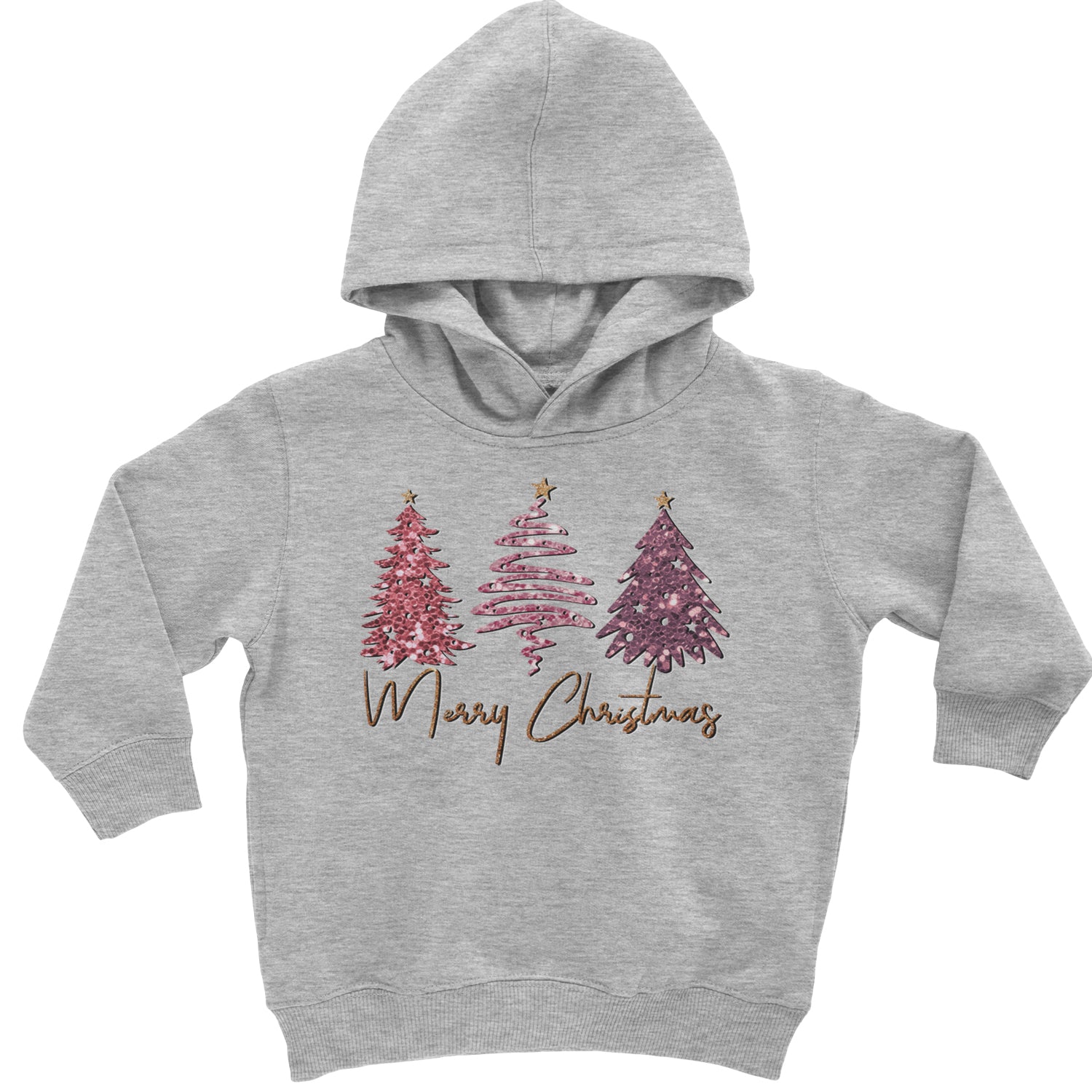 Merry Christmas Faux Glitter Trees Toddler Hoodie And Infant Fleece Romper Heather Grey