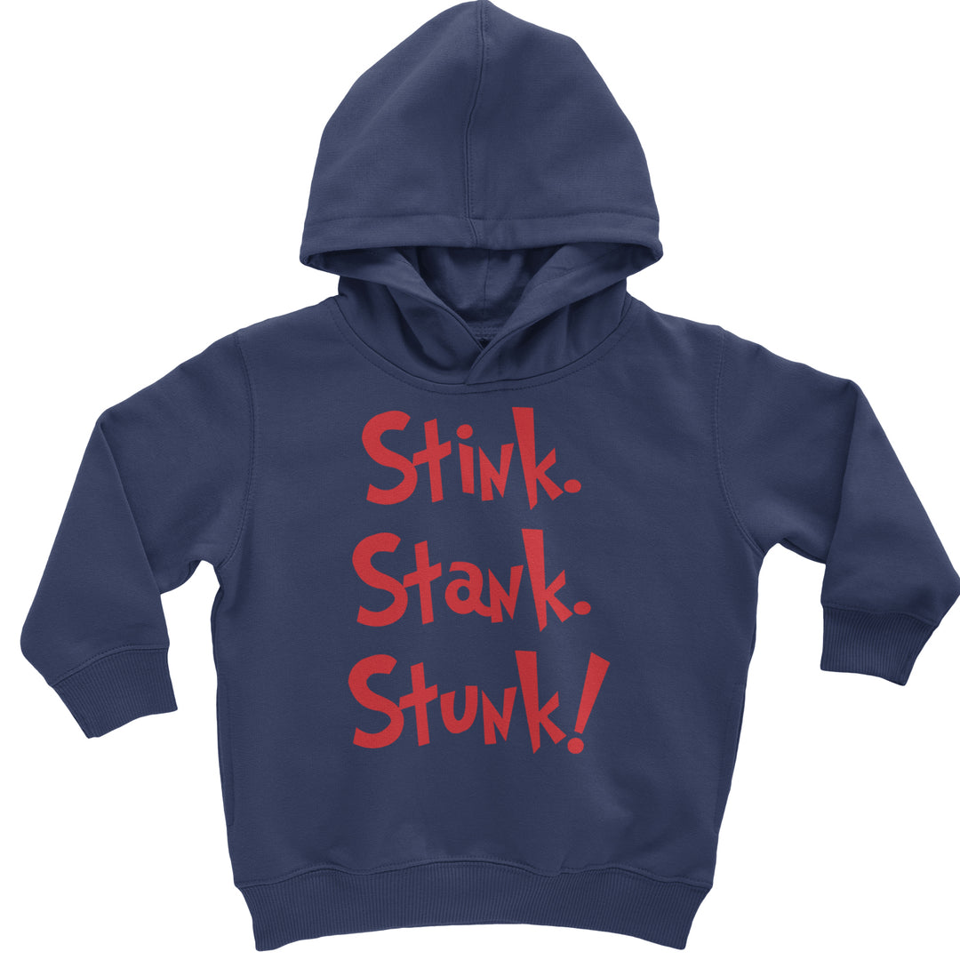 Stink Stank Stunk Gr-nch graphic on Toddler Hoodie and Baby Fleece Onesie in Navy Blue
