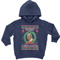 Merry Chrithmith Ugly Christmas graphic on Toddler Hoodie and Baby Fleece Onesie in Navy Blue